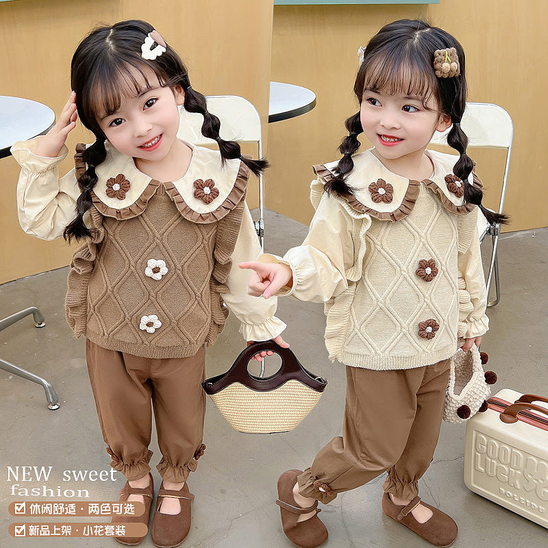 A Spring and Autumn three-dimensional double-flower retro sweater vest solid color Han Fan lapel shirt girl three-piece set manufacturer wholesale