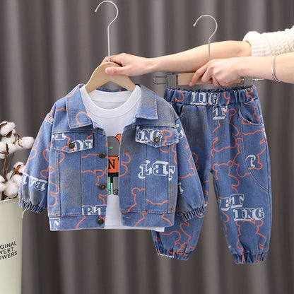 Spring and Autumn New Denim Cardigan Jacket Children's Trend Set Men's and Women's Jeans Three-Piece Set 0.3KG