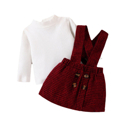 Conjunto infantil de otoño/invierno con falda corta a cuadros finos, cuello redondo, manga larga y tirantes, color liso, 0,2 kg 