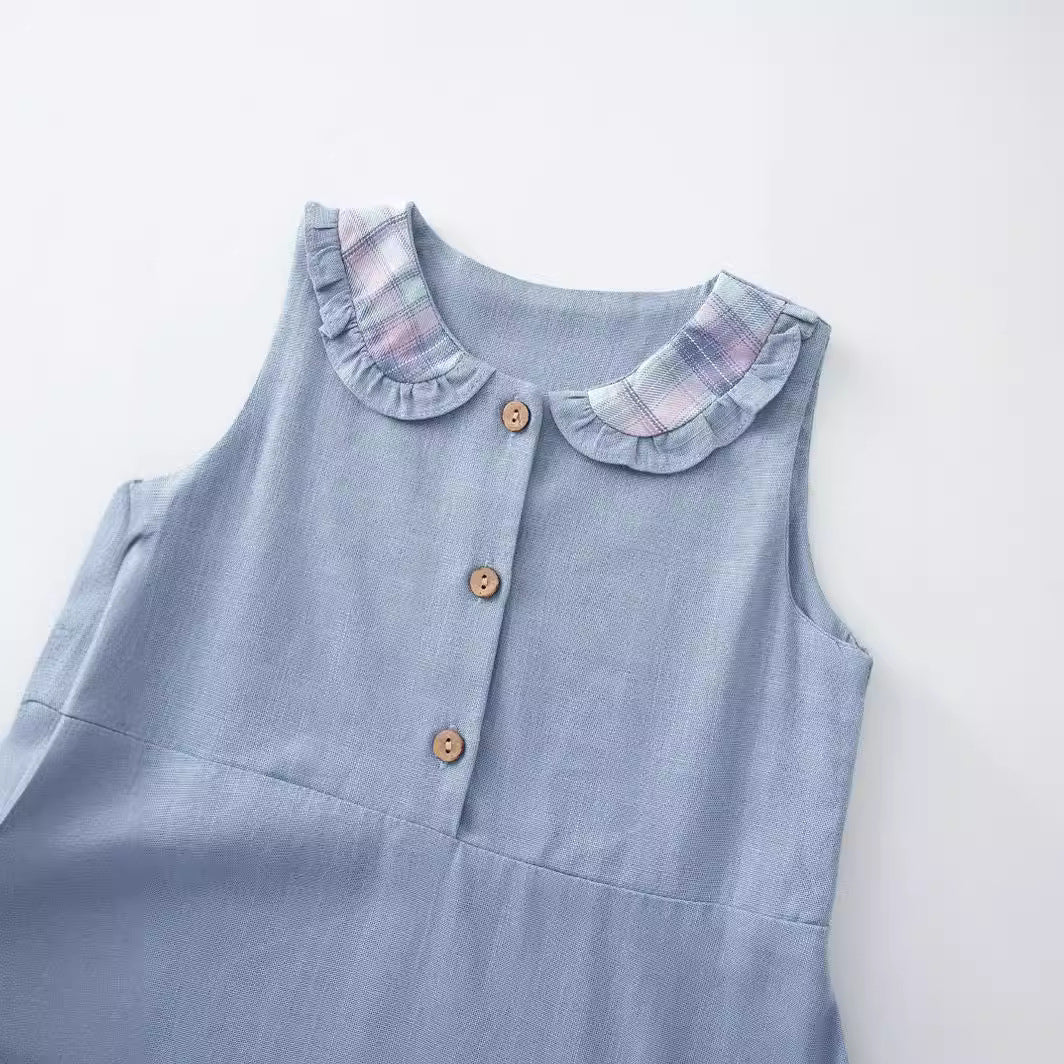 A 2024 summer girl baby cotton linen sleeveless vest dress dress plaid contrast cardigan belt princess dress