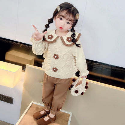 A Spring and Autumn three-dimensional double-flower retro sweater vest solid color Han Fan lapel shirt girl three-piece set manufacturer wholesale