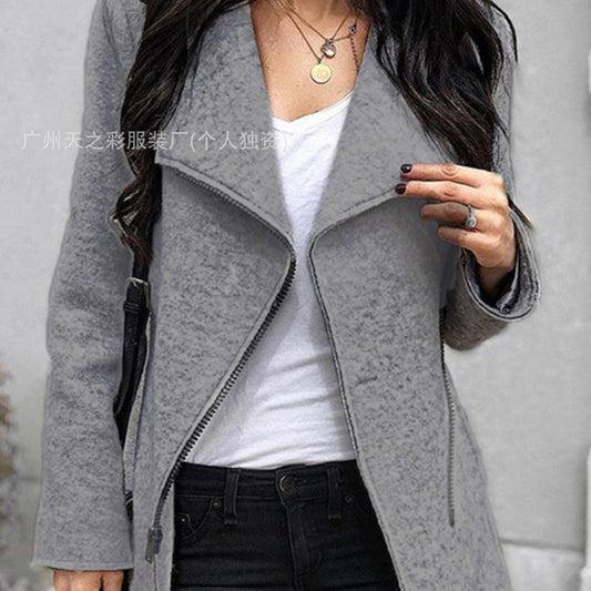 European and American cross-border new Amazon autumn and winter fashion irregular zipper lapel woolen coat