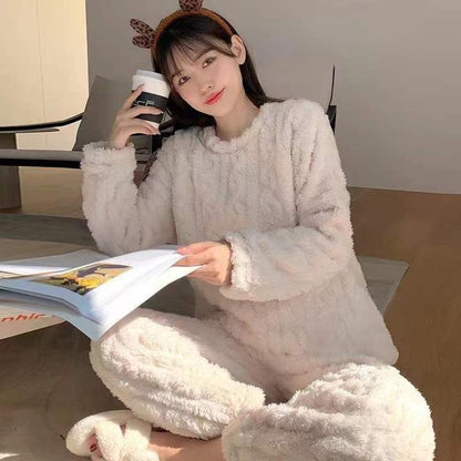 A Strictly selected coral fleece pajamas women's autumn and winter jacquard comfortable cotton fleece thickened loungewear two-piece set loose warm suit