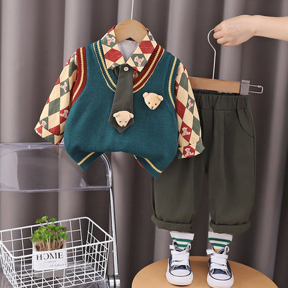 A Boys Sweater Children's British Academy Style Removable Tie Rhombus Shirt Spring and Autumn Boys' Bear Vest Pants