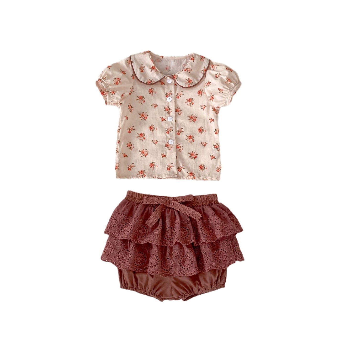 A Enge Girls' Summer Set 2024 Girl Baby Doll Neck Printed Short sleeved Top+Lace Shorts Set