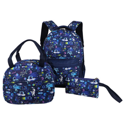 Mochila escolar de gran venta transfronteriza, mochila de dibujos animados, conjunto de tres piezas, lonchera, bolsa para bolígrafos, mochila de gran capacidad en stock 