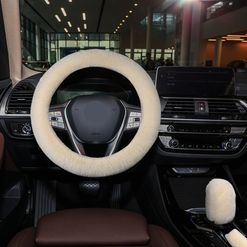 Winter short plush handlebar cover imitation rabbit fur gear lever handbrake three-piece set plush car steering wheel cover (moq:10 set , if  buy one piece need 1usd extra fee )