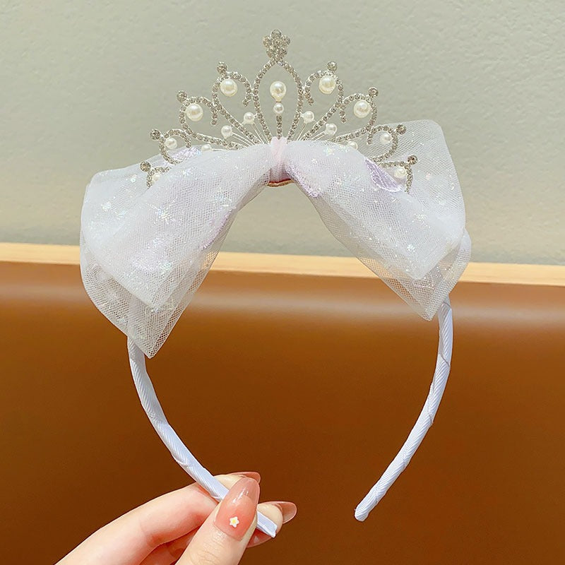 PRICE FOR 10 PIECE Princess temperament Crown tiara little girl gauze bow Pearl hairband pleated lace embroidered headband hairpin (weight:0.05kg)