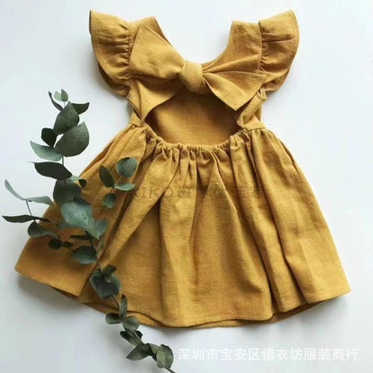 Vestido de verano de estilo europeo y americano para niñas, estilo fino de algodón y lino para niñas, mangas voladoras, falda sin espalda de color sólido, 0,05 kg 