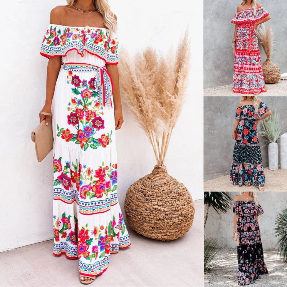 A 2024 European, American spring and summer independent station Amazon's new one-word shoulder red flower printing long pendulum dress