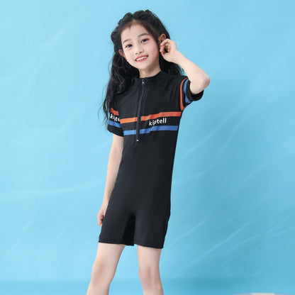 Traje de baño de ángulo plano de manga corta para niños pequeños, medianos y grandes, niños y niñas, traje de baño para padres e hijos, versión coreana, traje de entrenamiento de secado rápido para hermanos, 0,1 kg 