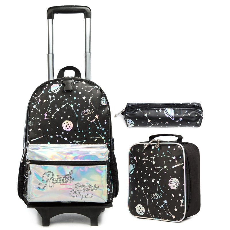 A Korean version PU leather trolley schoolbag for elementary school students 1-3-5 grade three-piece set cartoon embroidery backpack for boys and girls