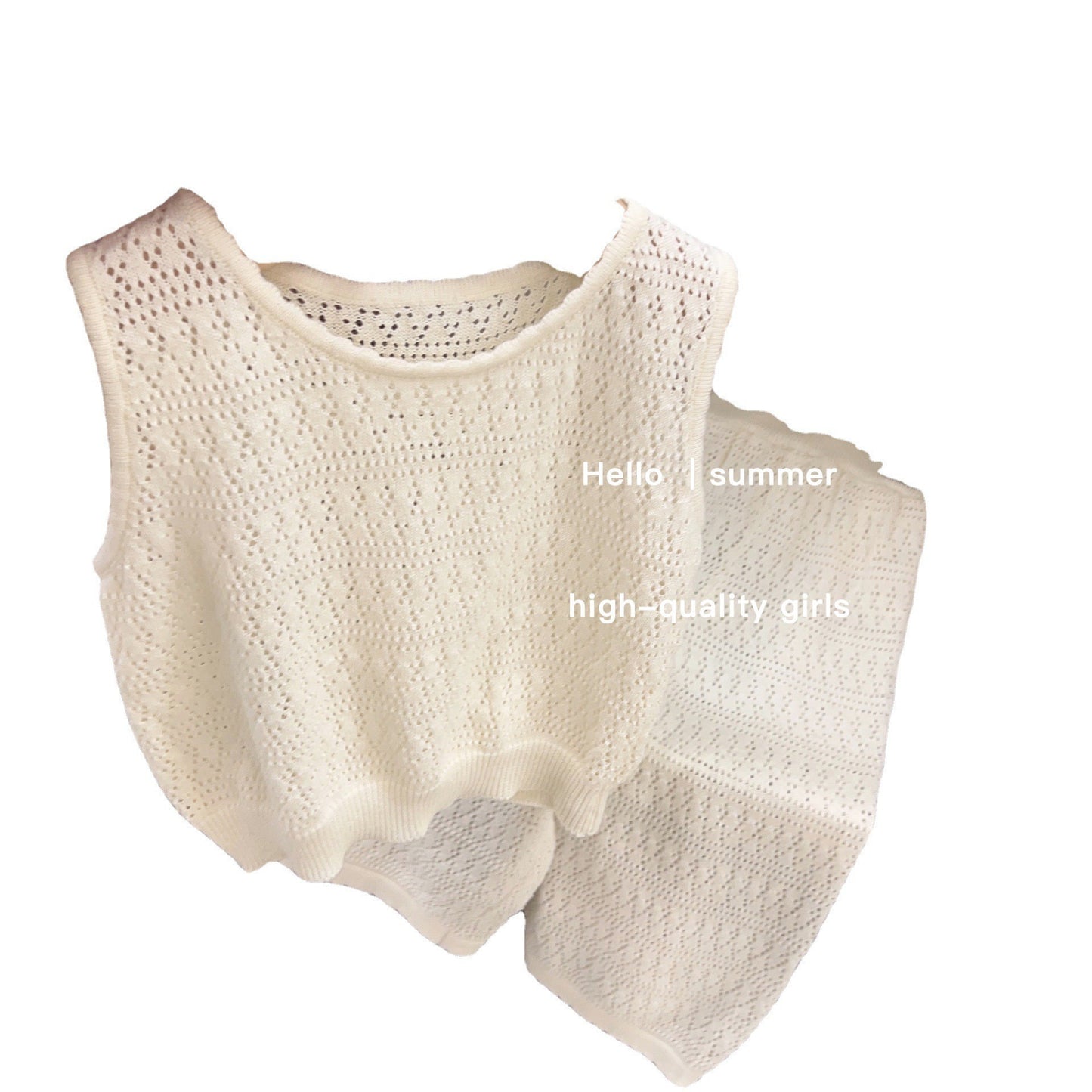 Un conjunto de ropa infantil popular para niñas, conjunto de punto fino y moderno, chaleco ahuecado del tesoro de las mujeres del verano 2024, pantalones de pierna ancha, conjunto de dos piezas, moderno 0.1KG 