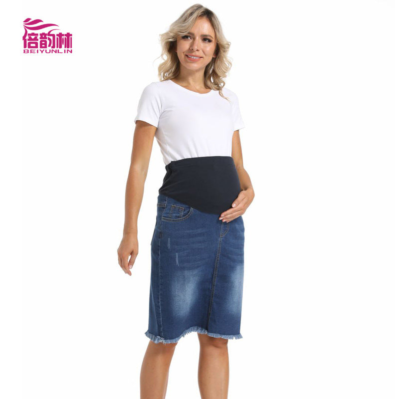 A Cross-border summer pregnant women's belly support denim skirt fashionable hot mom casual thin large size loose rough edge maternity skirt