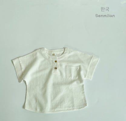 Children's Korean Shirt Summer New Round Neck Cotton Linen Shirt Men's and Women's Foreign Atmosphere Bat Sleeve Open Sleeve Short Sleeve Top 0.3kg