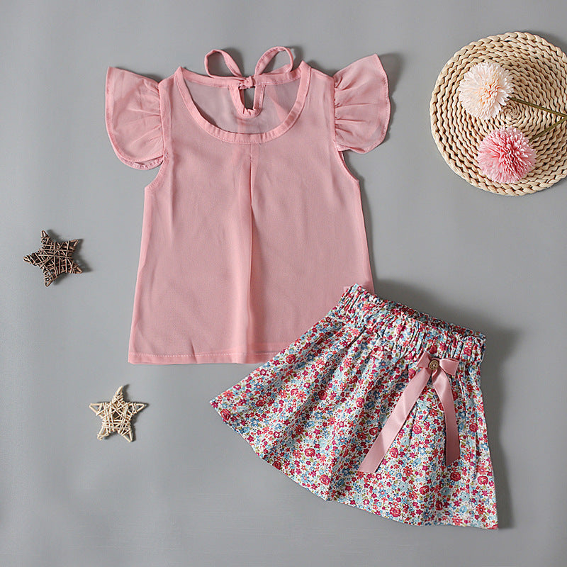 Conjunto de dos piezas de top de manga corta con lazo floral y top de estilo veraniego europeo y americano para niñas, ropa para niños de 0,1 kg 