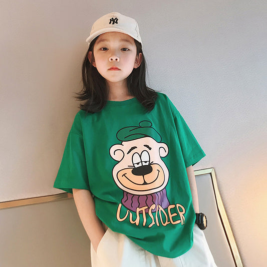 A girl's short sleeved t-shirt, summer new style, medium and large children's summer clothing, letter printing, western-style children's clothing, loose half sleeved top