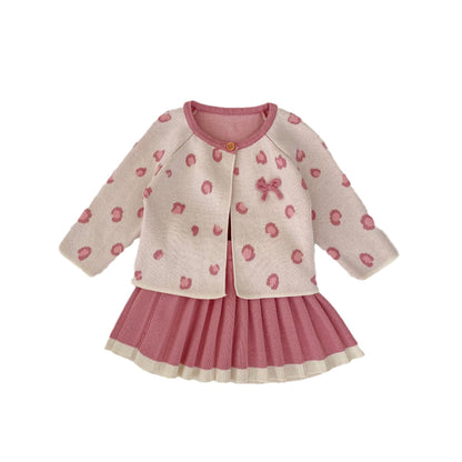 A Autumn baby girl pink leopard print knitted jacket + pink knitted suspender skirt two-piece set