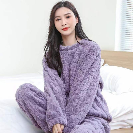 A Strictly selected coral fleece pajamas women's autumn and winter jacquard comfortable cotton fleece thickened loungewear two-piece set loose warm suit