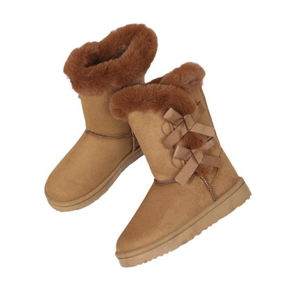 Unas nuevas botas de nieve de mujer de otoño e invierno de tubo mediano, botas medianas y altas, botas de nieve de terciopelo de moda con lazo, comercio exterior transfronterizo 