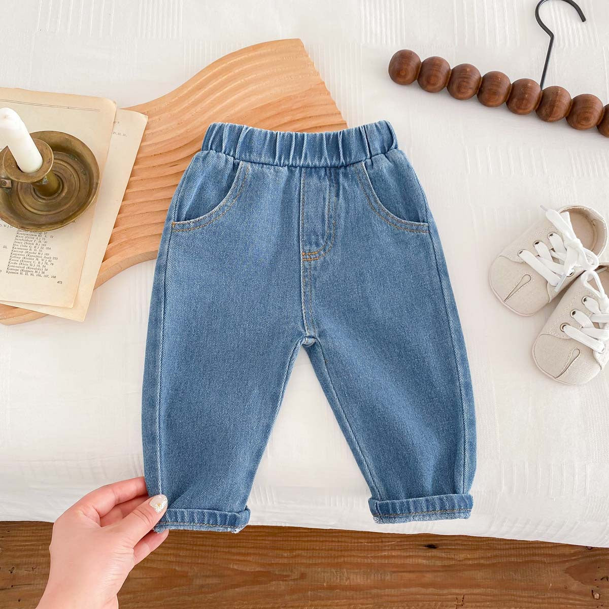 A Children's Solid Color Jeans Baby 0-5 Year Old Korean Soft Pants Newborn Boys Simple Autumn Casual Pants