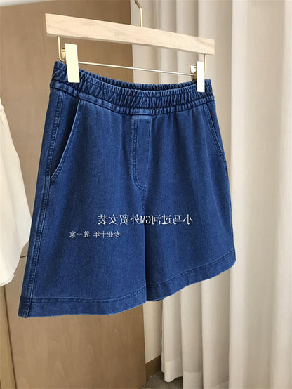 A foreign trade summer casual touch soft waxy upper body light and stylish~ high waist drawstring thin five-point denim shorts women