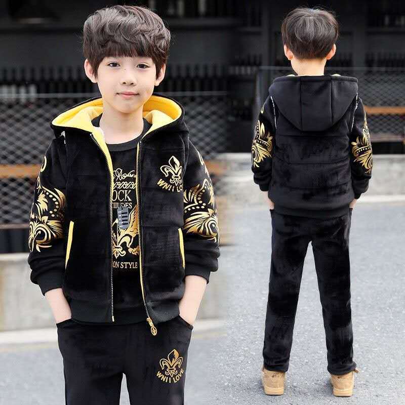 A boys autumn and winter suit new fleece thickened sweater three-piece set medium and older children's Korean version double-sided fleece children's clothing