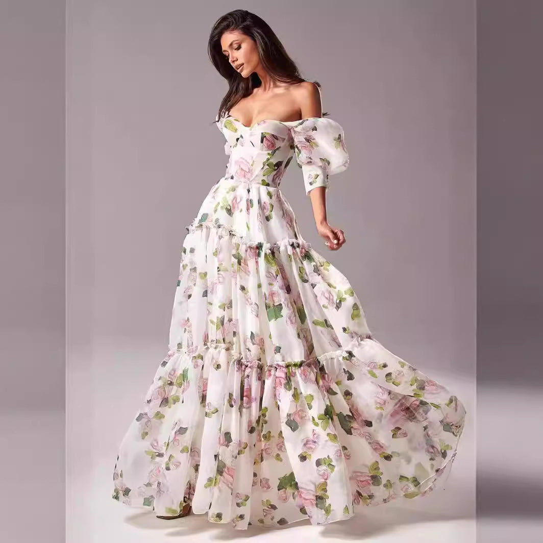 A 2024 new spring and summer off-the-shoulder European and American women's clothing fashion organza fairy long temperament evening dress dress