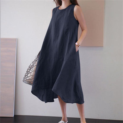 A Cross-border foreign trade summer round neck long dress sleeveless large size loose solid color long pendulum vest cotton and linen dress women