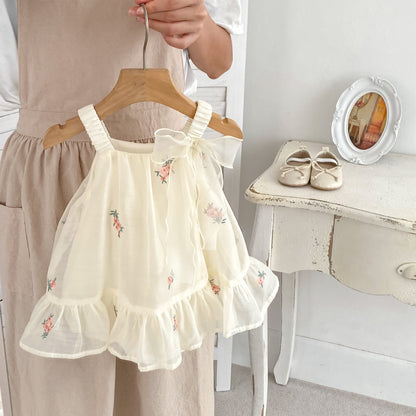 A ins summer online celebrity female baby sling bag fart dress embroidered khaki dress girl one-year-old gift princess gauze dress climbing clothes