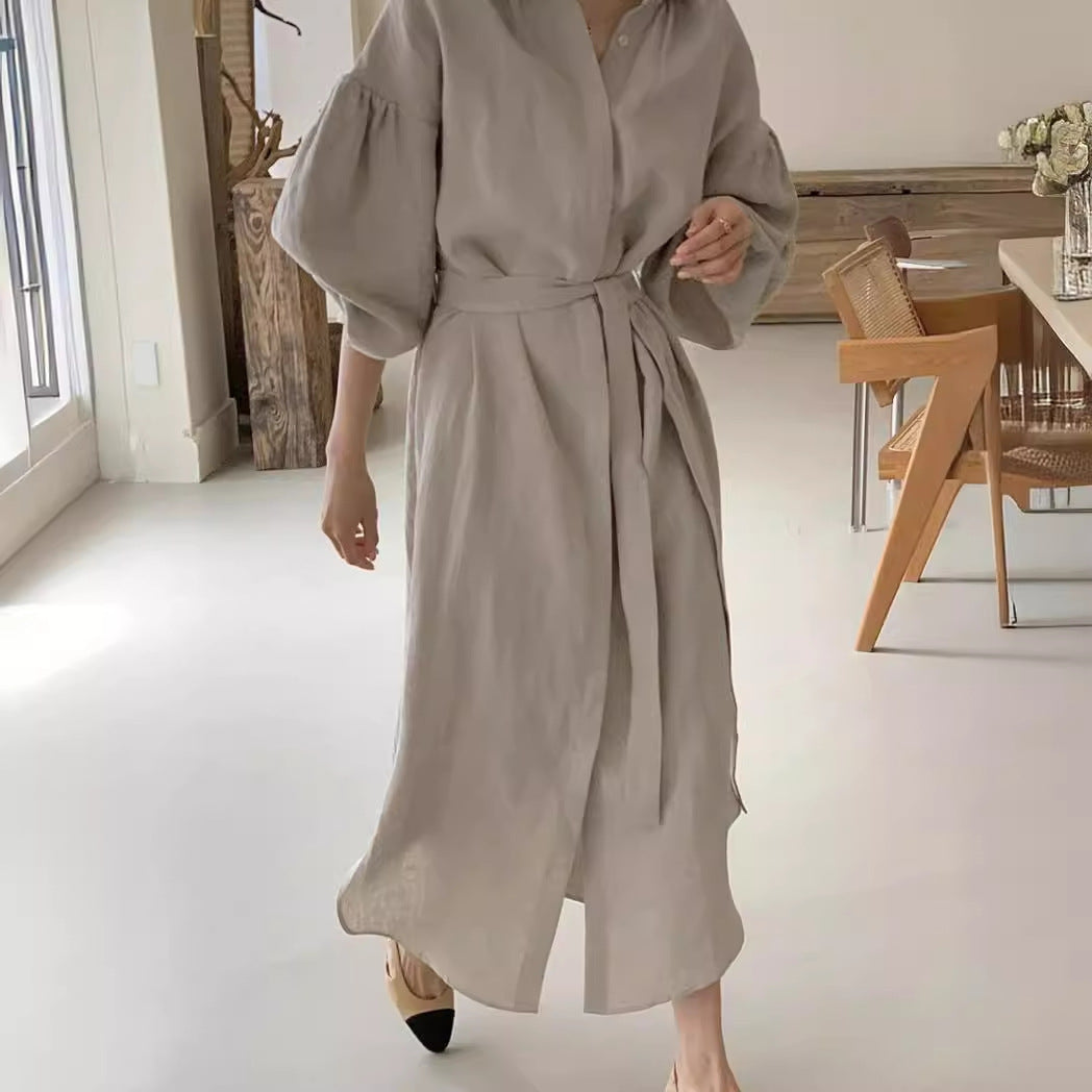 A Japanese and Korean chic spring and summer retro literary and artistic lace-up waist and thin lantern sleeves knee-length long-sleeved dress