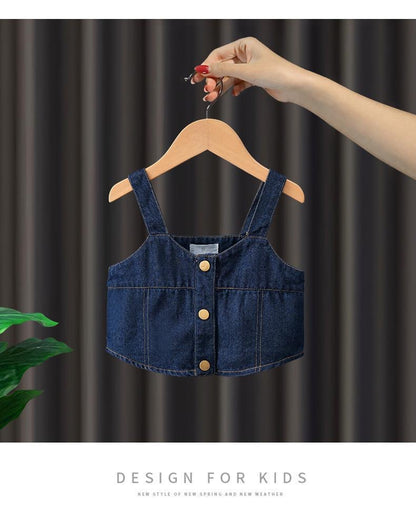 Small and medium-sized girls autumn denim strap suit new girl baby autumn three-piece suit