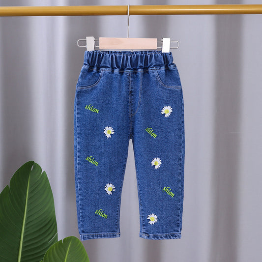 Nueva versión coreana de pantalones vaqueros de primavera y otoño para niñas, pantalones occidentales sueltos para bebés de primavera y otoño para niños de 0,45 kg 