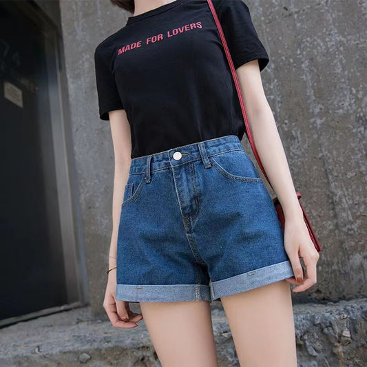 A high waist black denim shorts female summer student curled edge loose and thin a word wide leg pants hot pants Korean version tide