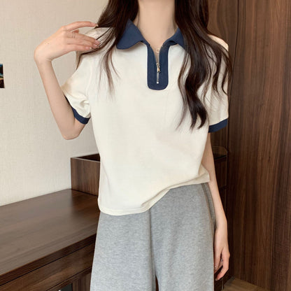 Large size women's clothing front shoulder short-sleeved T-shirt women's summer new polo shirt lapel thin zipper top, one piece is sent on behalf of others.