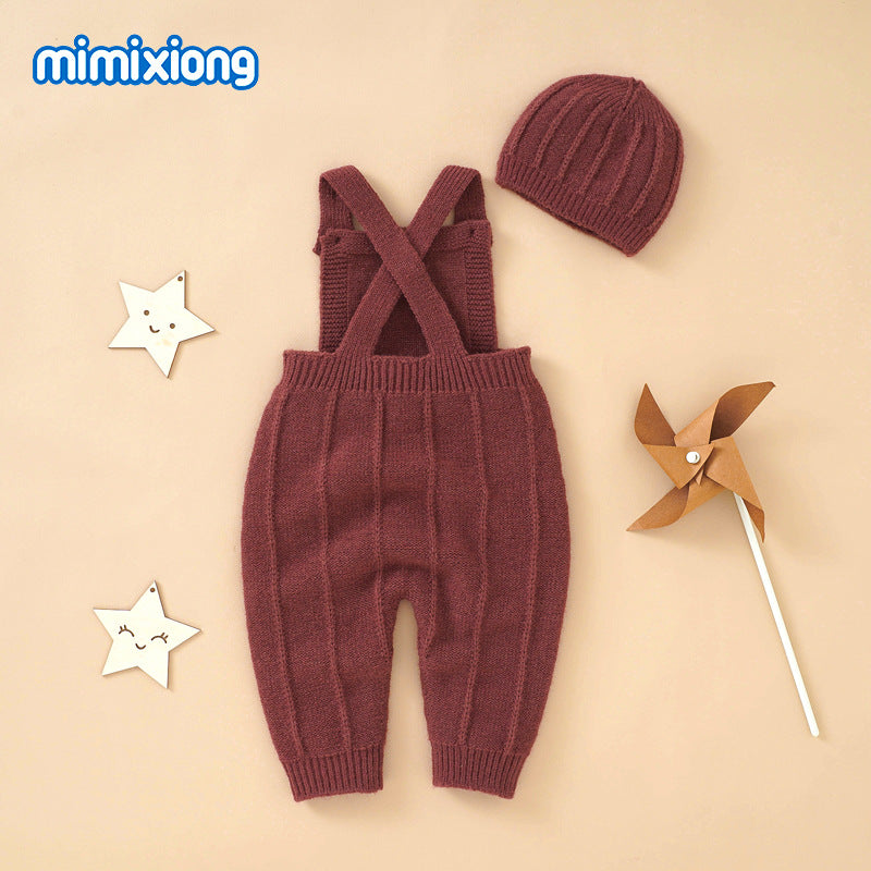 A ins hot spring and autumn new baby solid color suspender Romper + hat set climbing clothes