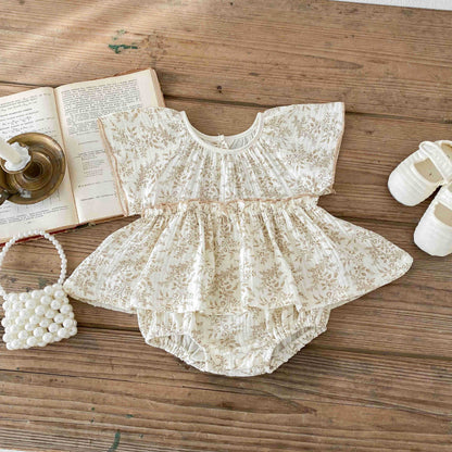 A Baby Bodysuit 2024 New Product Girl's Crepe Fragmented Flower Flying Sleeves Sweetheart Newborn Korean Edition Western Climbing Outwear