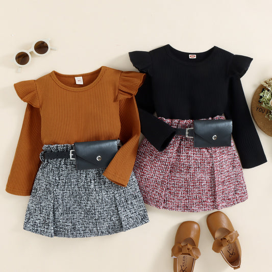 European and American Instagram Autumn/Winter Girls' Small Fragrant Short Skirt Waist Bag Three piece Set for Children 0.25kg