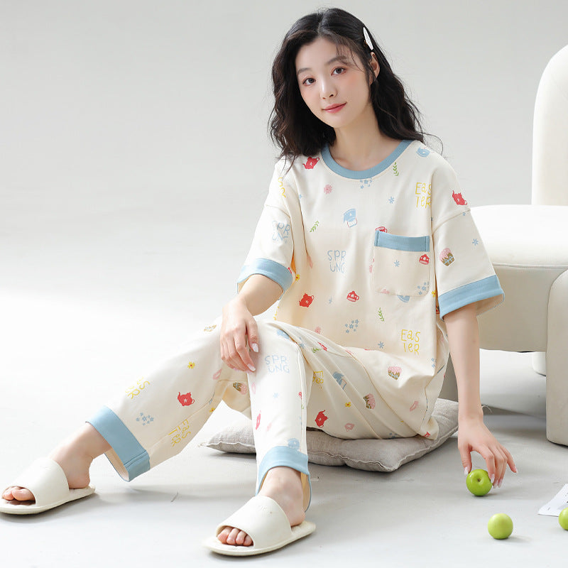 A pajamas women's summer women's pure cotton thin cool short-sleeved trousers round neck summer large-size women's loungewear suit