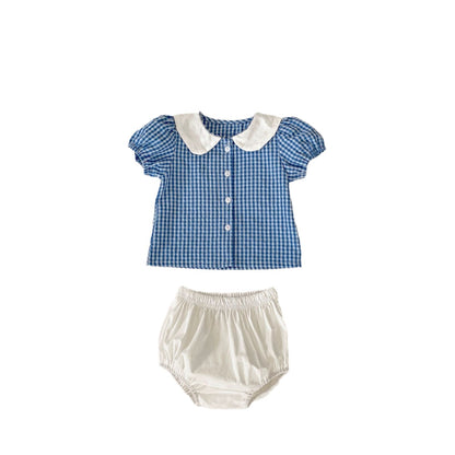 Conjunto de 2 piezas de top a cuadros con cuello de muñeca de conejo para bebés y niñas pequeñas de verano de 2024 + pantalones de pan versátiles 