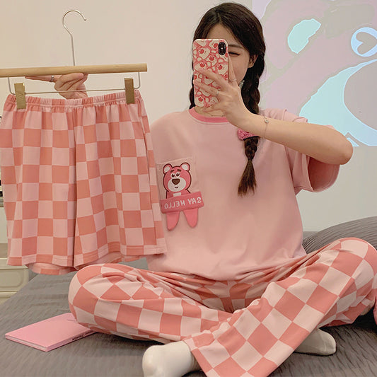 A pajamas women's three-piece set of pure cotton summer short-sleeved trousers cartoon cute can be worn outside 2024 new loungewear summer