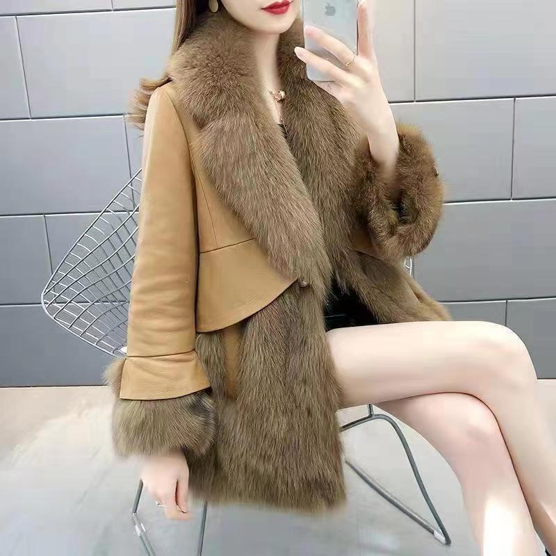 A autumn and winter Haining fur coat female Korean version imitation fox hair slim and thin medium and long leather coat fur coat