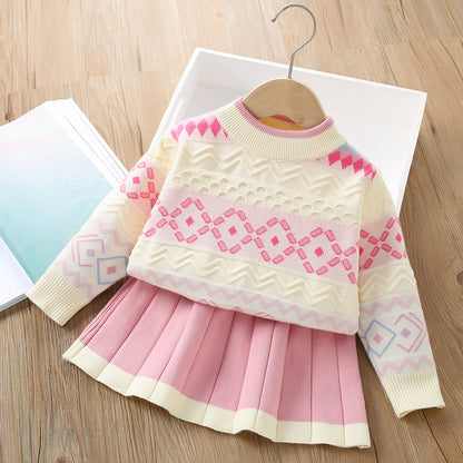 A girls sweater set autumn and winter new foreign fashion baby girl color matching knitted long-sleeved pullover two-piece set