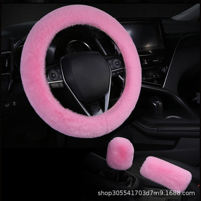 Winter short plush handlebar cover imitation rabbit fur gear lever handbrake three-piece set plush car steering wheel cover (moq:10 set , if  buy one piece need 1usd extra fee )