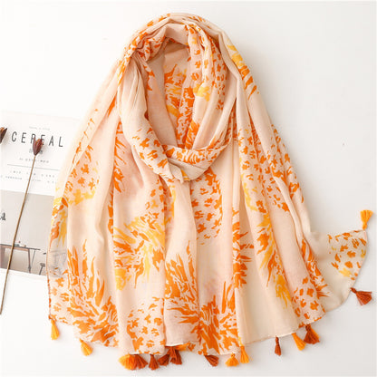 A Yitao Scarf Creative Ethnic Style Cotton and Hemp Hand Feel Scarf Women's Orange Wheat tassel Tourist Beach Scarf Shawl