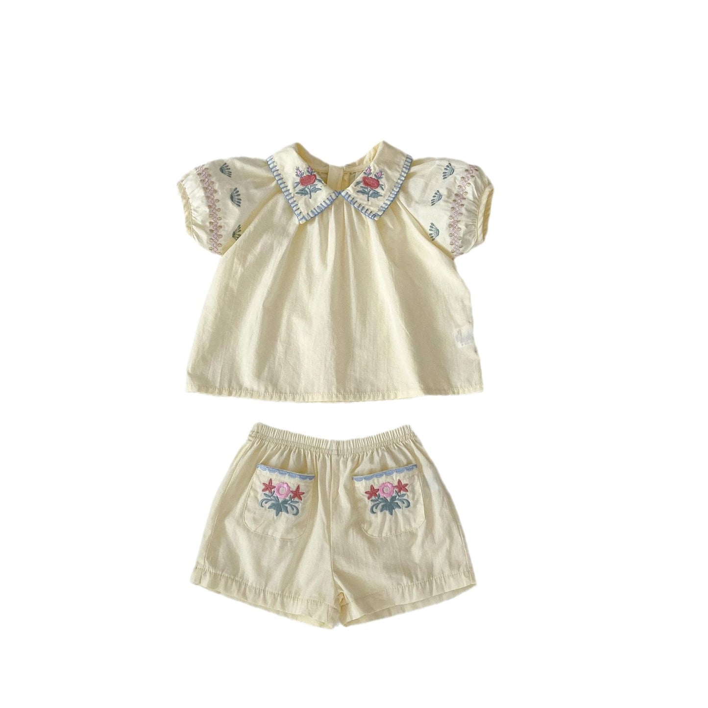 A 2024 Summer New 0-3-year-old Girl Flower Embroidered Polo Neck Short sleeved Top+Thin Shorts 2-piece Set