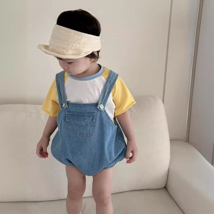 A children's summer clothing, baby short sleeved set, Korean version children's clothing, baby summer T-shirt, denim shoulder strap, shorts set