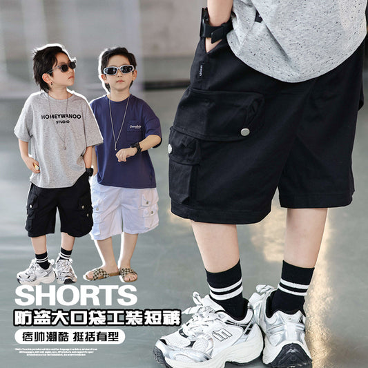 A Men's Children's Labor Pants Summer 2024 New Children's Pants Handsome Middle and Big Boys 3D Pocket Casual Shorts