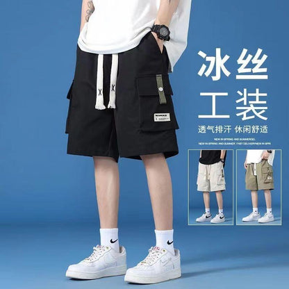 A Ice silk cargo shorts, men's summer new thin high-end trendy brand style American loose explosive casual pants