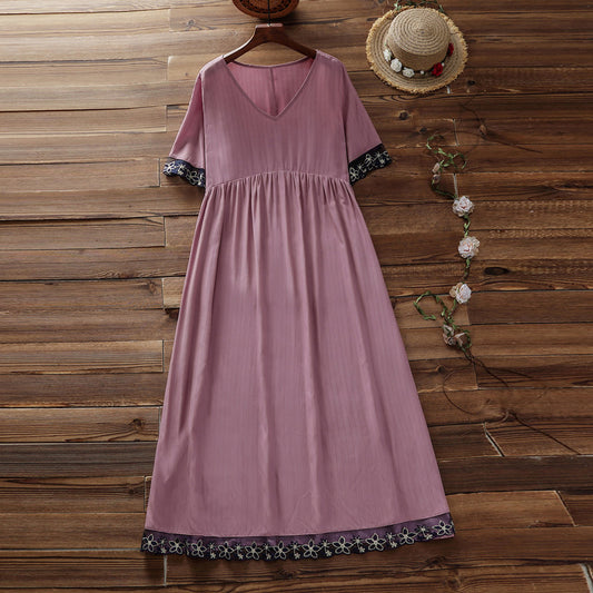 Summer solid color and anklet dress plus size women's long skirt V-neck short-sleeved women's dress